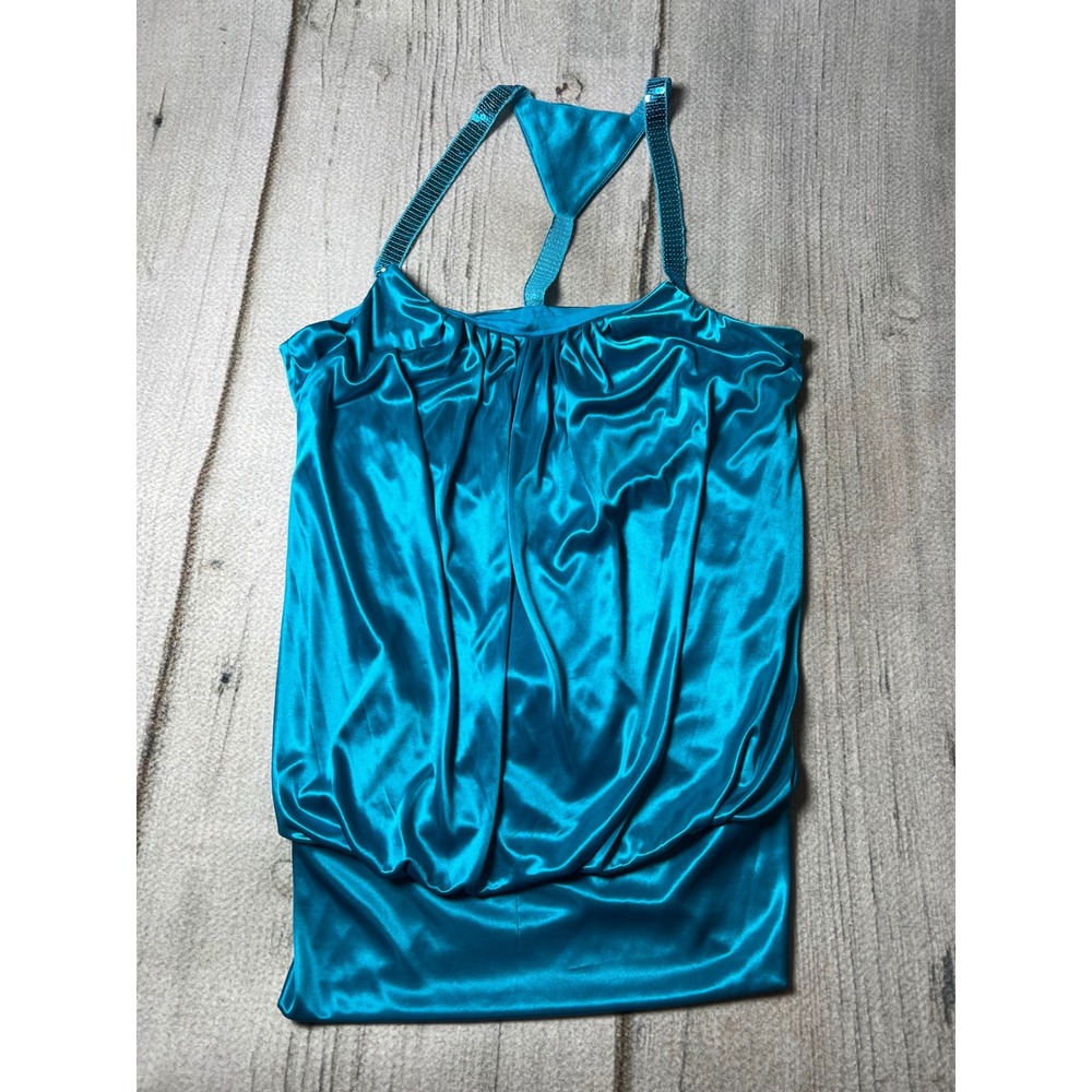 Studio Y Y2K Sequin Halter Bubble Hem Top Womens Large Teal Blue Party McBling